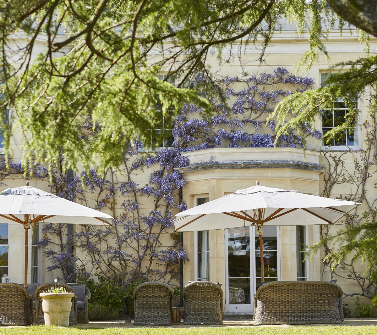 Outside Lime Wood hotel in the garden