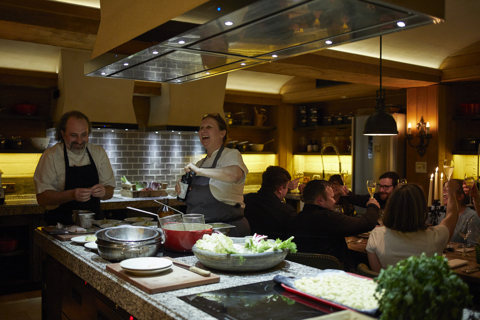 Luke Holder and Angela Hartnett in the kitchen